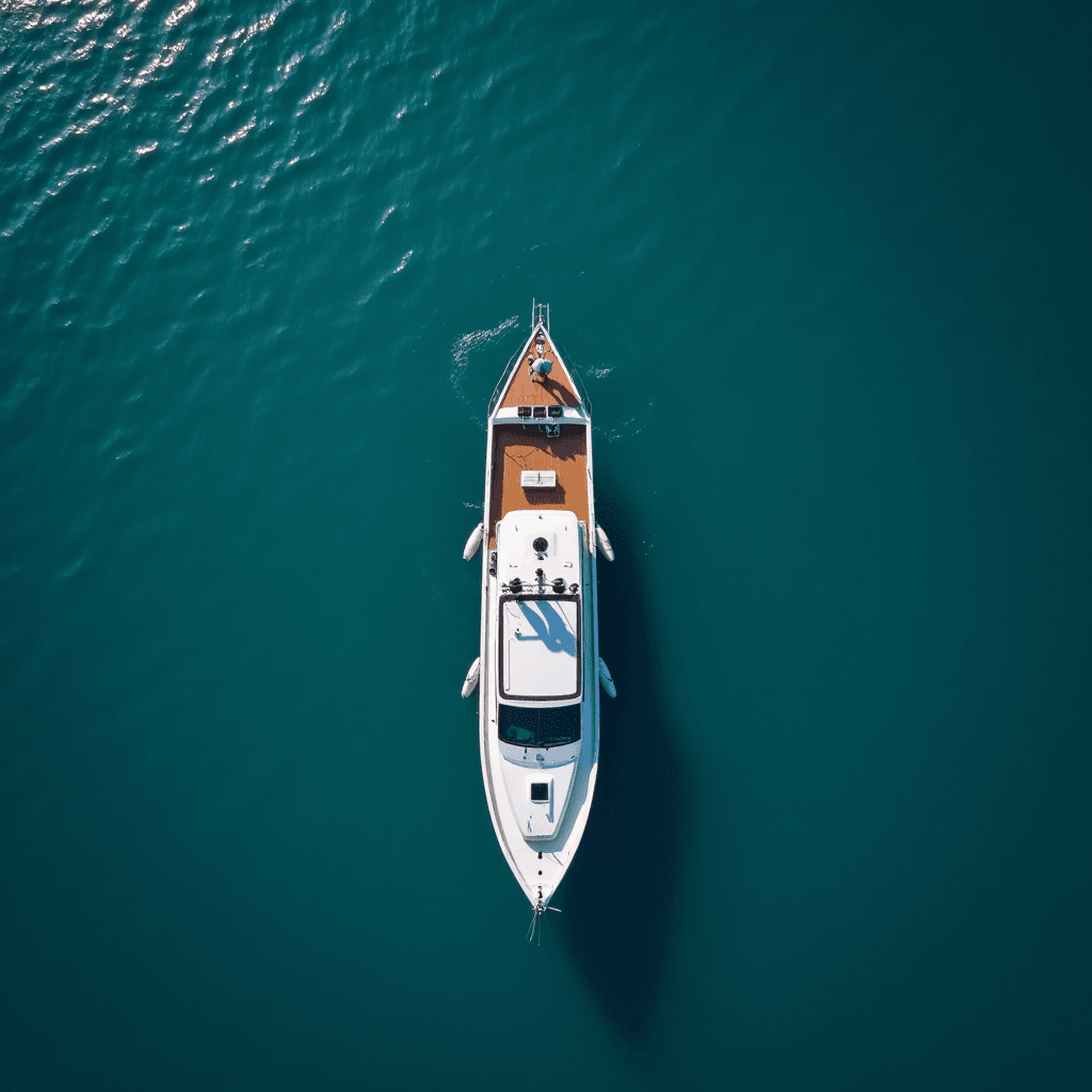 An overhead view of a boat sailing through calm, deep blue waters.