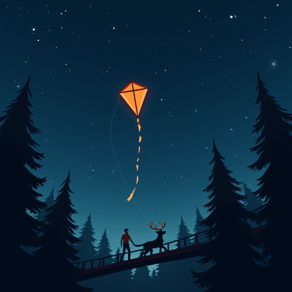 A person and a deer stand on a bridge flying a bright orange kite under a starry night sky.