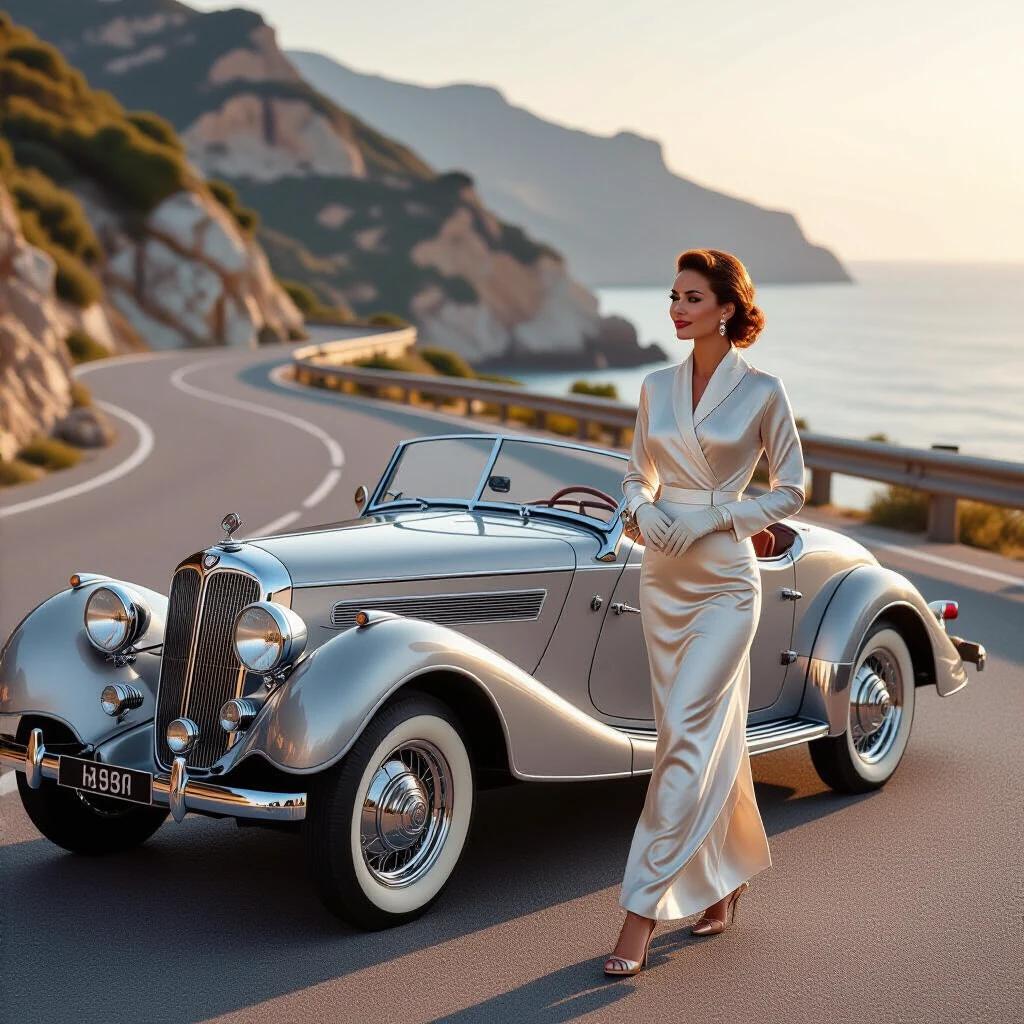 A vintage BMW 328 Roadster is parked elegantly on a coastal highway. A mature woman stands beside it wearing a silk driving suit and scarf. She adjusts her driving gloves with a confident smile. The background shows a Mediterranean cliffside during golden hour.