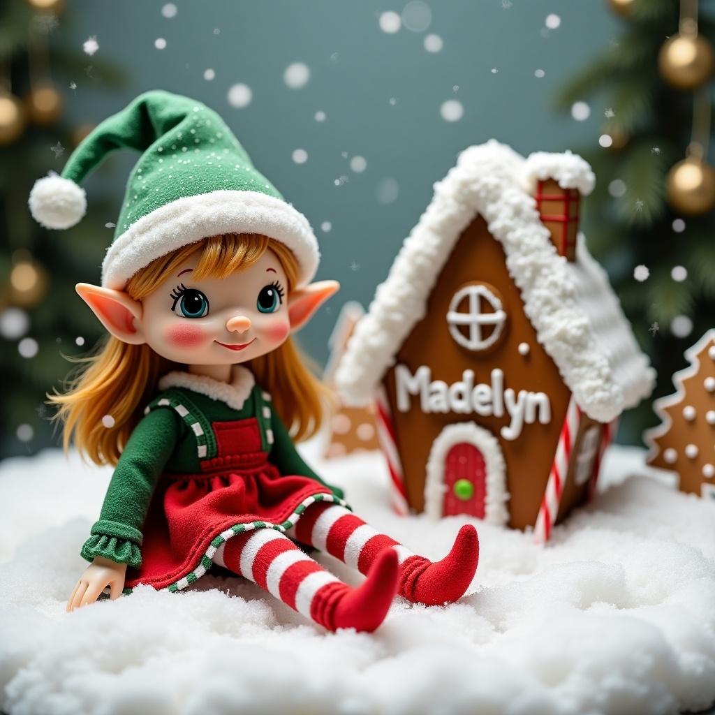 Create a charming scene featuring a girl elf wearing a green top and a red dress, complemented by red-and-white striped pants. She is sitting in a snow-covered area next to a whimsical gingerbread house. The house has the name 'Madelyn' beautifully written with candy canes. Snowflakes are gently falling, adding a magical touch to the atmosphere. The elf has a joyful expression, enhancing the festive cheer of the setting. The overall composition invites a sense of wonder and joy, perfect for the holiday season.