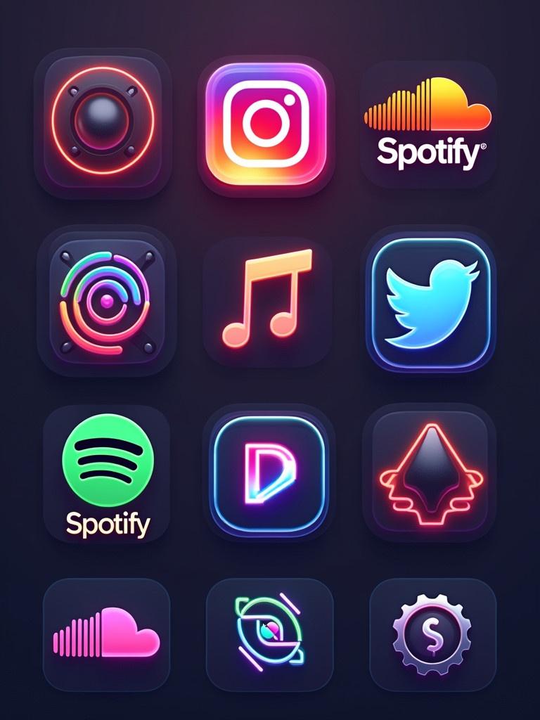 Create a game menu displaying various app icons. Include Instagram Spotify Twitter SoundCloud Deezer Apple Music. Use original retro logos for each app. Arrange in a visually appealing layout.