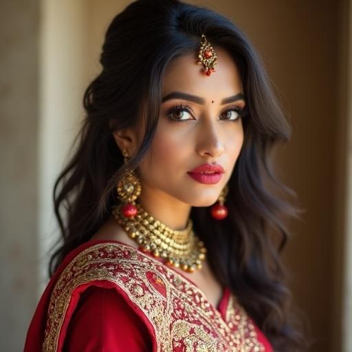 Portrait of a beautiful Indian girl wearing traditional attire. Ornate jewelry adds elegance. Soft natural lighting enhances her beauty. Warm colors dominate the scene.