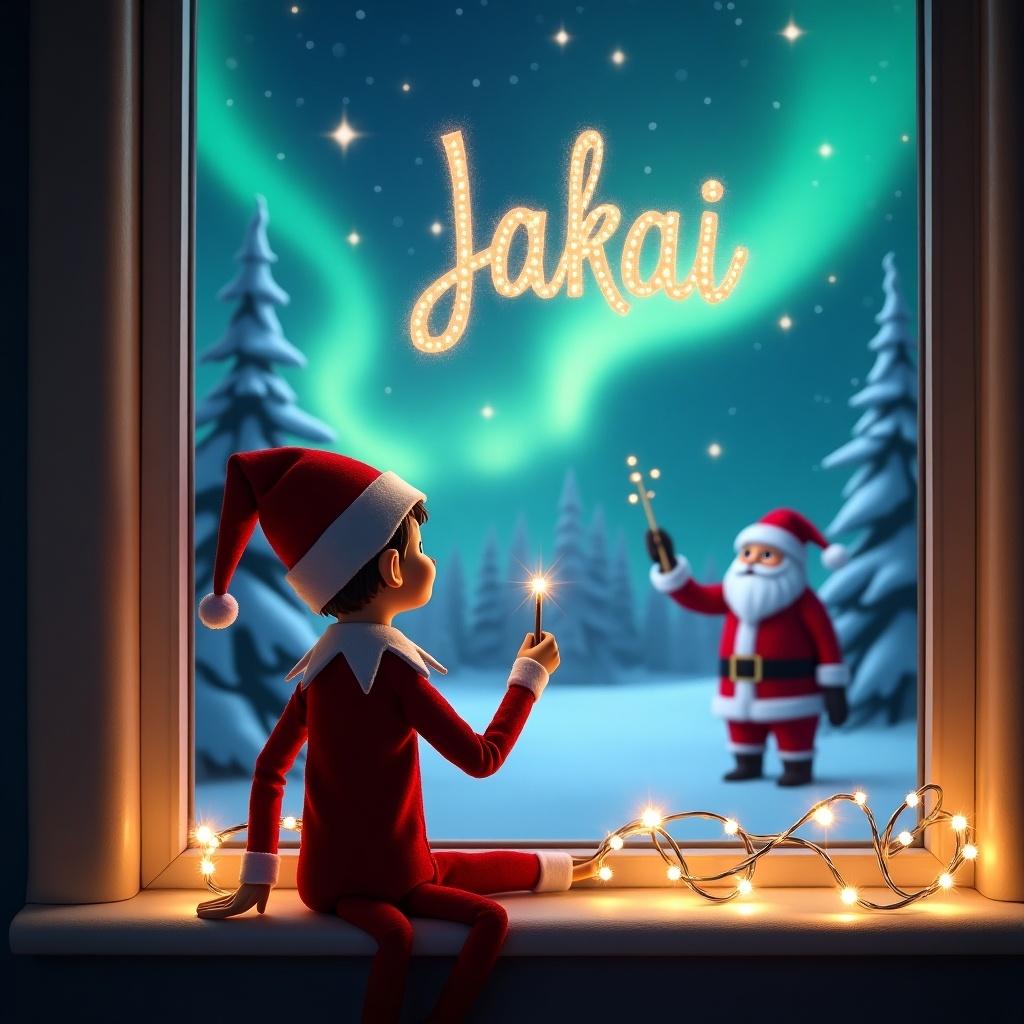 An elf on the shelf sits at a window with his back to the viewer, gazing at the enchanting night sky. He holds a magic wand, gracefully writing the name 'Jakai' in sparkling lights above. Behind him, Santa Claus is seen in a winter landscape filled with snow-covered trees and shimmering northern lights. The atmosphere is whimsical and festive, capturing the magic of Christmas. Soft lights adorn the window sill, enhancing the delightful scene and celebrating holiday cheer.