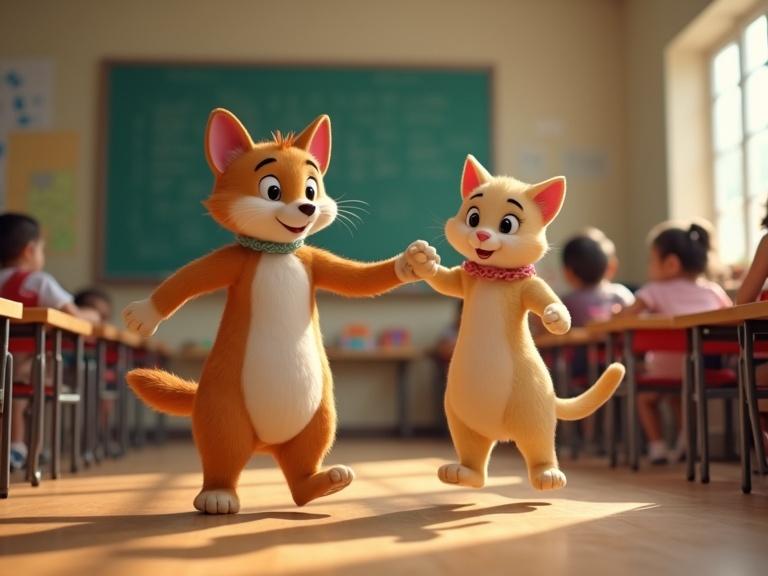 Two animated cat characters dancing in a children's classroom. Bright colors and friendly atmosphere. Classroom background with children and a chalkboard.