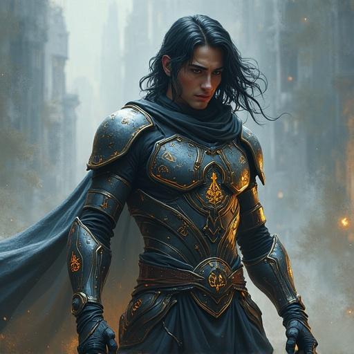 A male character blends mage and assassin. Features black hair. Intertwines ancient wisdom with futuristic technology. Showcases throwables and traps. Exudes power and agility. Represents a new era of magic merging with technology. Digital painting captures the warrior's essence. Rendered details include sleek armor and glowing runes. Highlights contrasts of ancient, modern, mystical, and mechanical.