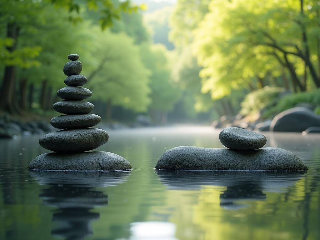 Create a serene Zen meditation landscape featuring a tranquil and spiritual nature environment. Add elements such as stone balance sculptures artfully placed by the water. The scene should evoke a sense of calm and inner peace, surrounded by lush green trees. Water reflections should be clear, enhancing the peaceful vibe of the setting. Soft, natural light filters through the foliage, enriching the atmosphere. This image should inspire relaxation and mindfulness.