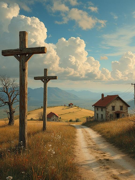 A serene countryside landscape with roadside crosses and rustic houses. A picturesque field stretches towards ancient trees. The sky has vibrant clouds, creating a beautiful scene.
