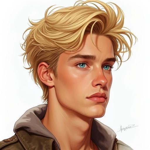 Illustrated semi-realistic drawing of a young German male with blonde hair and blue eyes wearing a hat and baggy jeans. Sinister look with stubble.