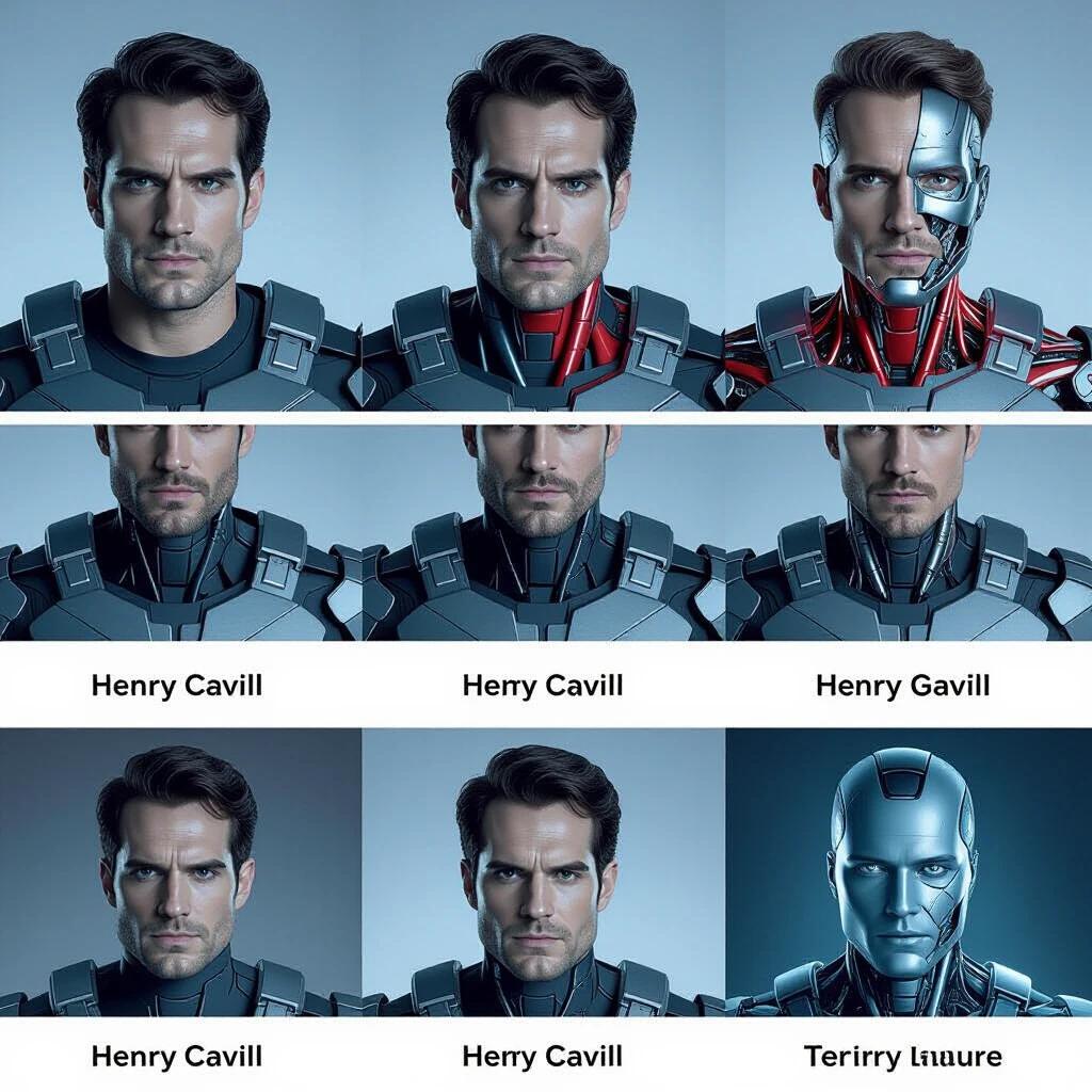 Multiple images display transformation of man into cyborg. Each image shows progression of conversion. Focus is on change from human form to robotic structure.