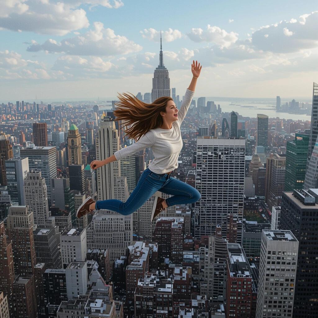 Woman with long hair leaping above a crowded city. New York City skyline in the background. Bright clouds and natural lighting. Energy and excitement in the air.