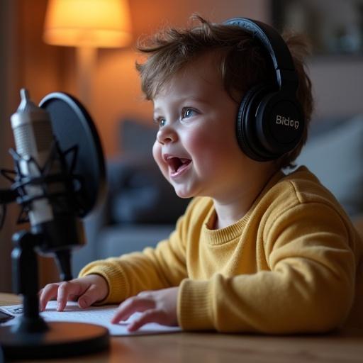 A baby boy smiles widely while wearing headphones and holding a microphone. The scene is cozy and colorful with a techy background that suggests podcasting.
