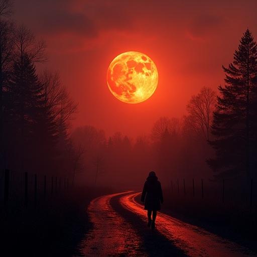 A winding road under a large glowing red moon. The scene is illuminated with a blood red hue, creating an eerie atmosphere. In the background, dark silhouettes of trees frame the glowing moon. A figure walks along the road, immersed in the mysterious light.