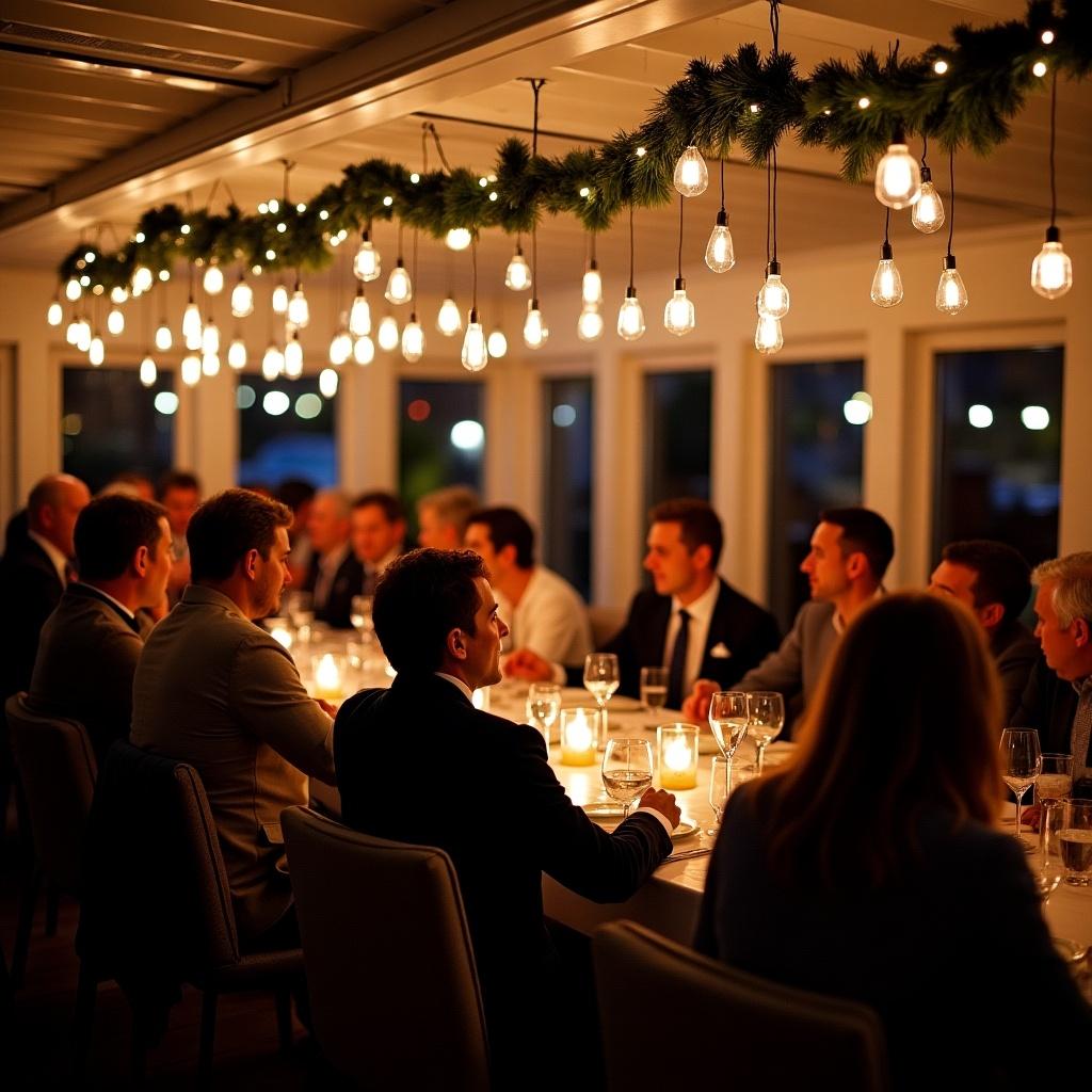 A yacht club Christmas party scene. Guests enjoying dinner at a beautifully decorated table with festive light strings. A warm and cozy atmosphere filled with laughter and conversation. Elegant dining setting with candles and glassware. Celebratory spirit of the holiday season.