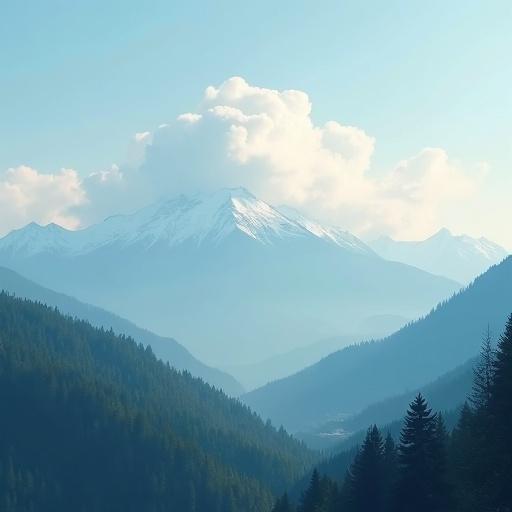 A calm mountain landscape with a sky above. Cloud formations create an upload bar. Soft natural colors with slight pixelated distortion. Contrast shown between nature's permanence and data's impermanence.