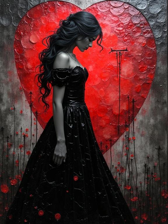 Gothic young woman stands in profile silhouette against a dark red heart. Dress is black. Background is abstract with light and shadow contrasts. Scene evokes mystery. Features ceramics and glass mosaic style.