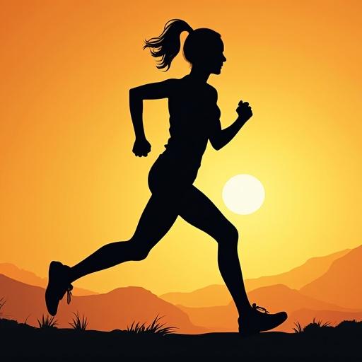 Silhouette of a woman running against a sunset background. Design shows dynamic movement. Strong contrast between black figure and colorful sky.
