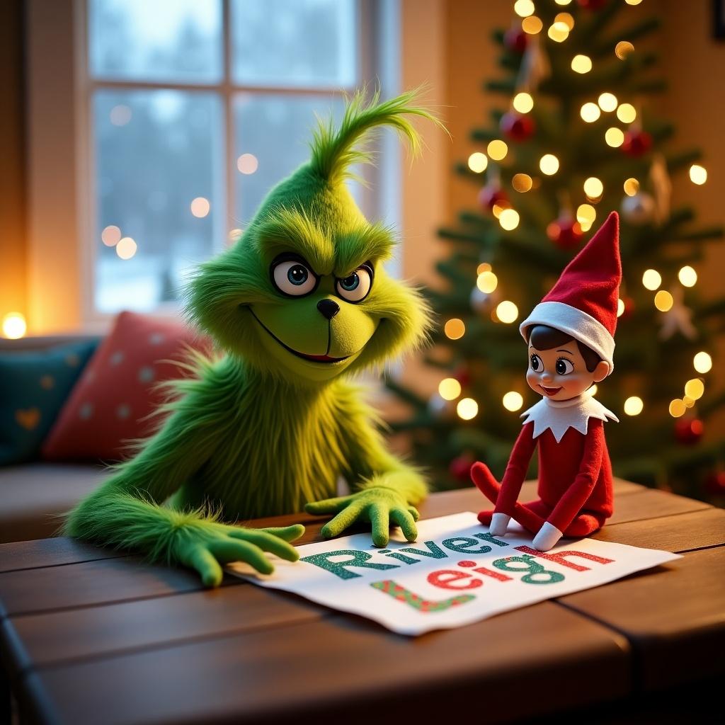 The Grinch and Elf on the Shelf write River-Leigh in a festive room. Cozy atmosphere with a Christmas tree in the background. The Grinch has a mischievous grin. The Elf is cheerful. Snow visible outside the window.