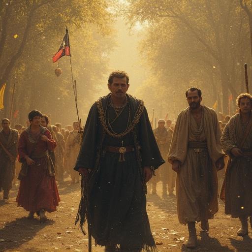 Procession in a traditional cultural setting. People in historical attire. Central figure wearing distinctive clothing. Natural lighting creating a warm atmosphere. Background filled with individuals of diverse descents.