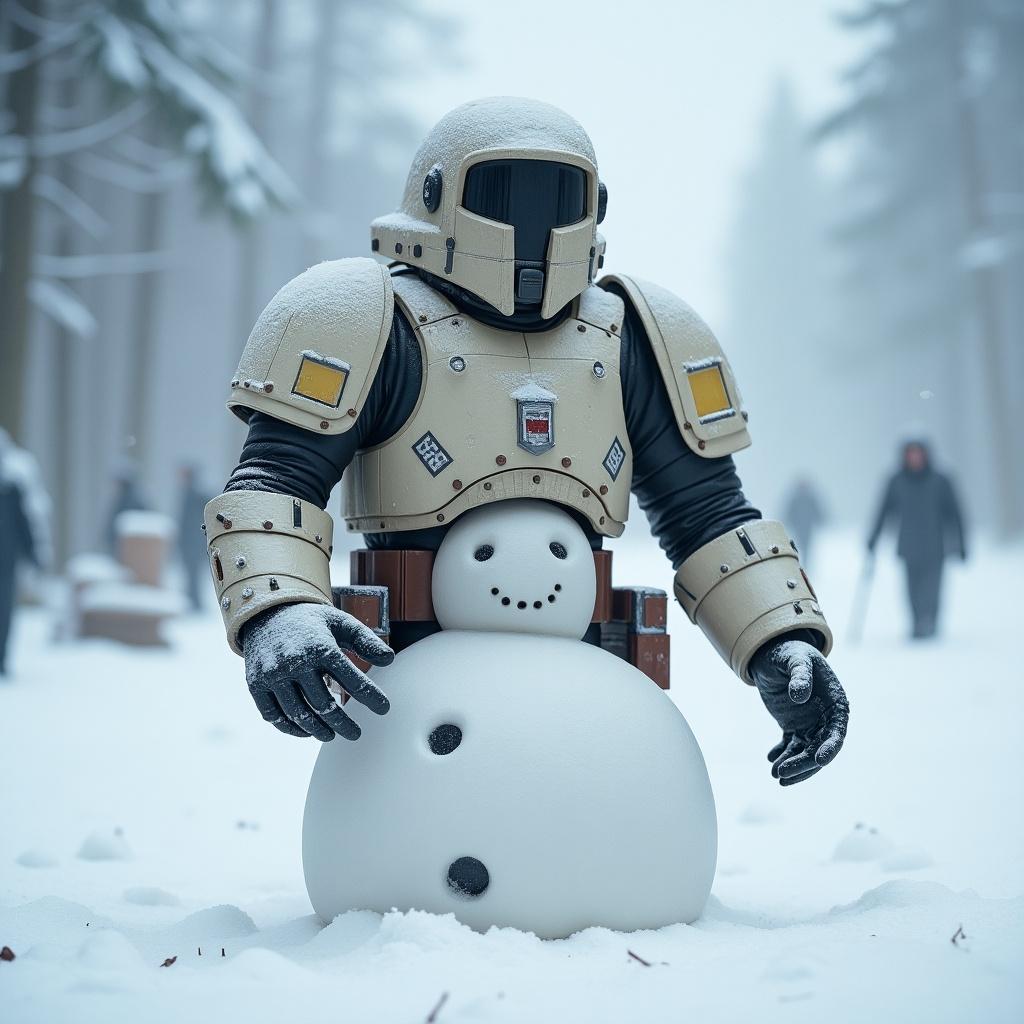 A robot snowman resembling ND-5 from Star Wars on a snow-covered landscape. The scene includes a snowy forest background and blurred figures wandering in the distance.