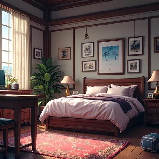 Anime style background depicts a cozy bedroom with a trading setup. Room has large windows showing greenery. Bed is centered with plush pillows and blankets. Desk beside bed features trading tools. Elegant decor on walls with framed pictures.