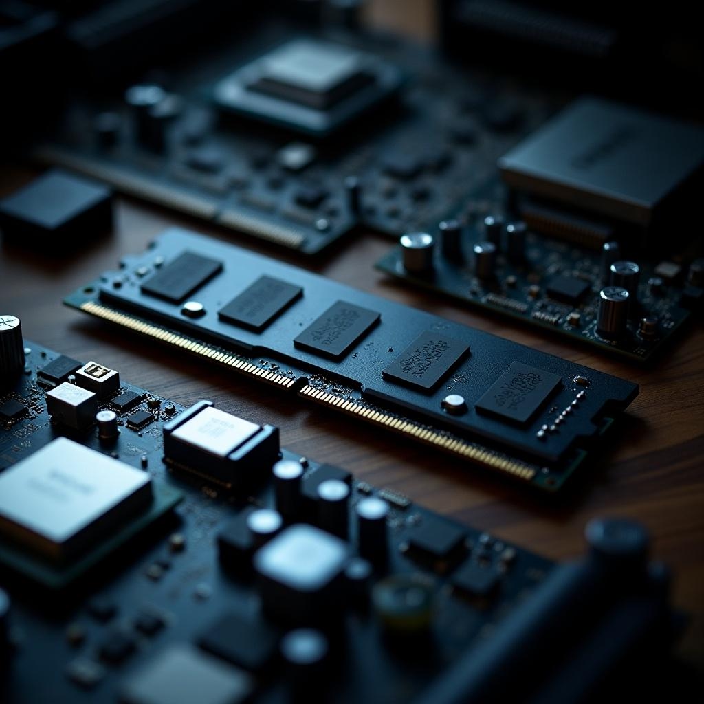 This image features a close-up macro photograph of DDR memory modules on a dark wooden desk. The memory modules are the main focus, showcasing their intricate details. Surrounding components like the motherboard and CPU add depth to the scene. Soft, diffused lighting highlights the textures effectively. The overall atmosphere conveys a technical and precise vibe, perfect for technology enthusiasts.