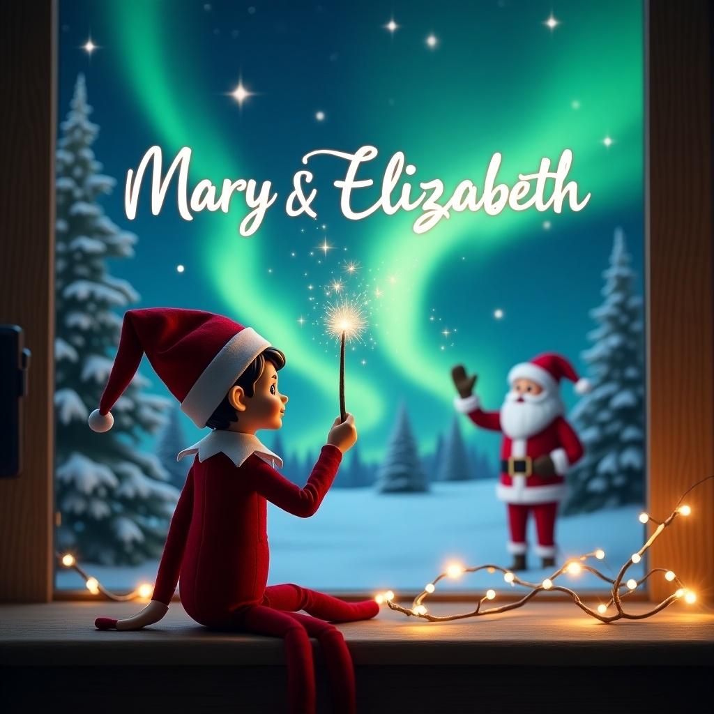 The image features an elf on the shelf with its back to the viewer, gazing up at the sky. It is using a wand to write in the night sky, creating a whimsical scene. The background is decorated with northern lights, providing a magical glow. In the distance, Santa Claus is visible, adding to the festive atmosphere. The names 'Mary & Elizabeth' elegantly appear in sparkling letters, crafted by the elf's magic wand. The scene captures the joys of Christmas and childhood wonder.