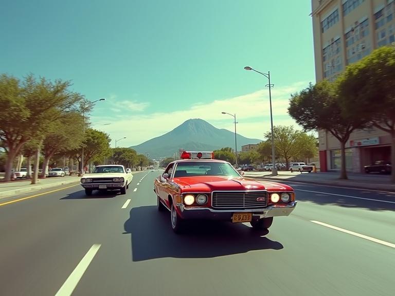 A retro action scene reminiscent of 1970s television aesthetics. A red Ford Gran Torino in a dynamic chase on Avenida Madero, Monterrey. The background features the Cerro de la Silla with a bright blue sky. Other vintage cars and pedestrians observe the chase, emphasizing 70s style. Warm, slightly saturated colors reflect the period's filmmaking.