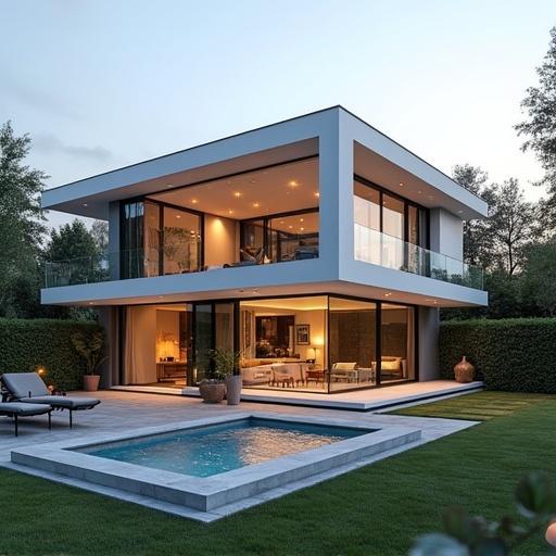 Modern one family house designed with minimalist architecture featuring a flat roof and large windows. Total area of 150 square meters with a focus on natural light and open spaces. Ground floor includes a spacious living room, dining area, open kitchen, guest bathroom, laundry room, and garage. Includes a staircase and a backyard terrace with a jacuzzi. Upper floor has a master bedroom with a private bathroom, two additional bedrooms, and a shared bathroom. Modern interior design and furniture emphasized.
