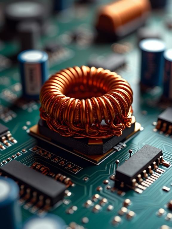 An electronic inductor is featured prominently on a power supply circuit board. The inductor is made of copper wire and sits on a green printed circuit board with various electronic components.