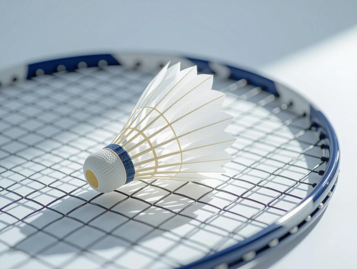 Close-up shot of badminton shuttlecock on badminton racket. Shuttlecock shows clear textures on feathers and rubber tip. Racket has a neat grid pattern on strings. Background is white with soft shadows. Lighting is high-contrast with no blur. Minimal and neat composition. Photorealistic details with shallow depth of field.