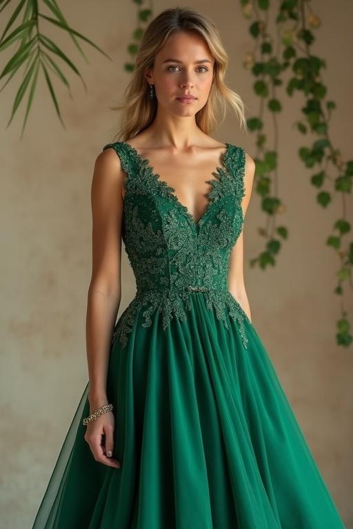 Elegant dress for attending a late afternoon wedding, suitable for a formal occasion. The dress features intricate embroidery and a flowing skirt. Focus on a model with long hair and natural makeup. Styled with subtle jewelry accents.