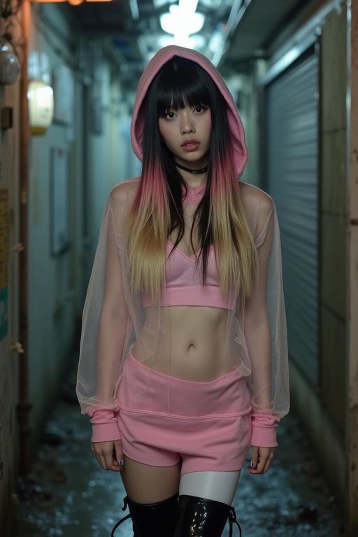 Attractive young woman with black hair styled in a unique way. She wears a see-through pink hoodie, a pink miniskirt, and black latex thigh-high boots. Setting is a dark alley in Japan, creating an edgy and urban vibe.