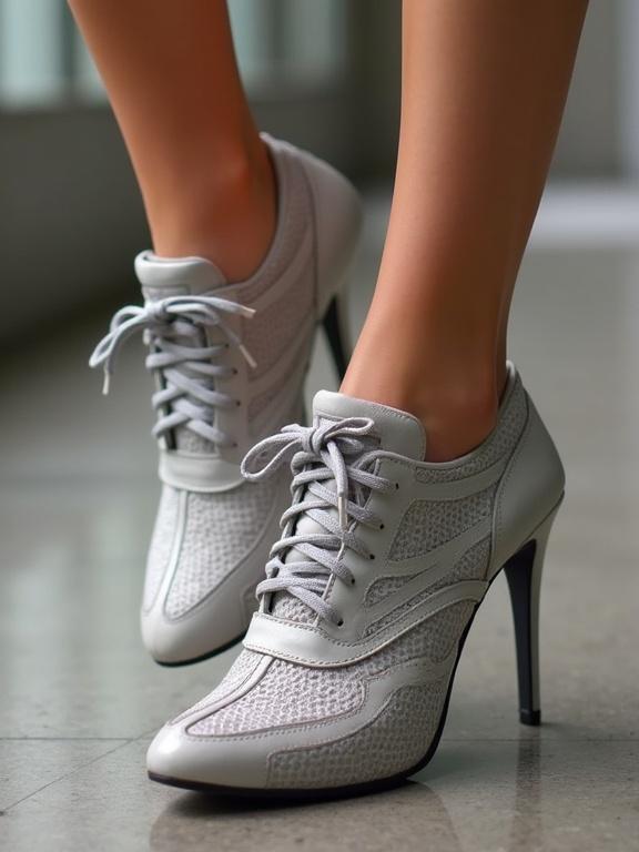 Close-up of stylish stiletto running shoes in gray color. Shoes feature a mix of materials with lace-up design. Background shows a blurred interior setting.