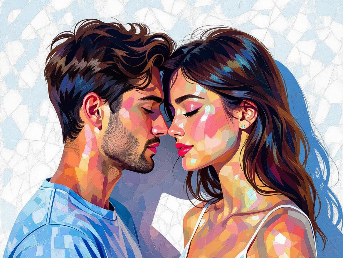 Pointillist portrait showcasing two individuals connected yet distinct. Composed with colored dots casting a soft shadow against a textured white backdrop. Light infused with the freshness of morning. Style combines natural realism with airy elegance, capturing the quiet grace of dawn.