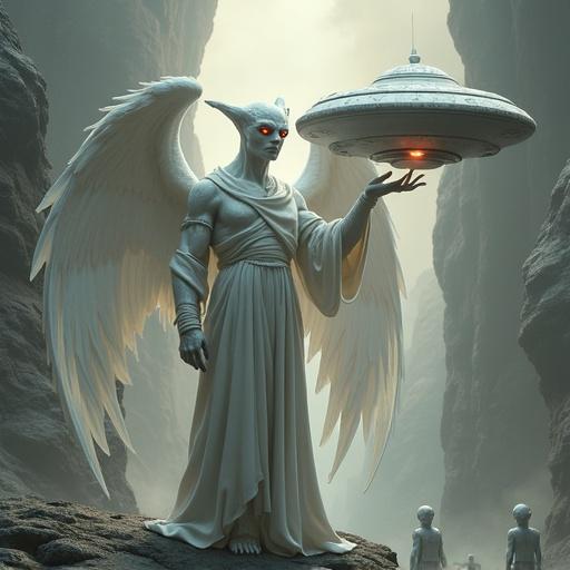 A white devil with wings is covered in a flowing garment. Shiny red eyes gaze from a captivating figure. One hand is raised above a saucer-shaped UFO. Nearby, gray aliens stand, adding to the otherworldly scene.