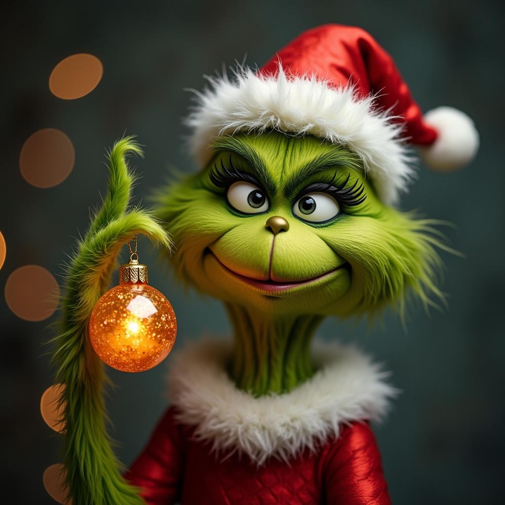 The Grinch in a Santa hat holding a sparkling orange bauble. The background is festive with soft lights.