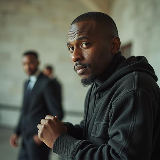 Realistic portrait of a stylish young man in an urban setting. Focus on his expression and attire. Additional figure in the background to create context.