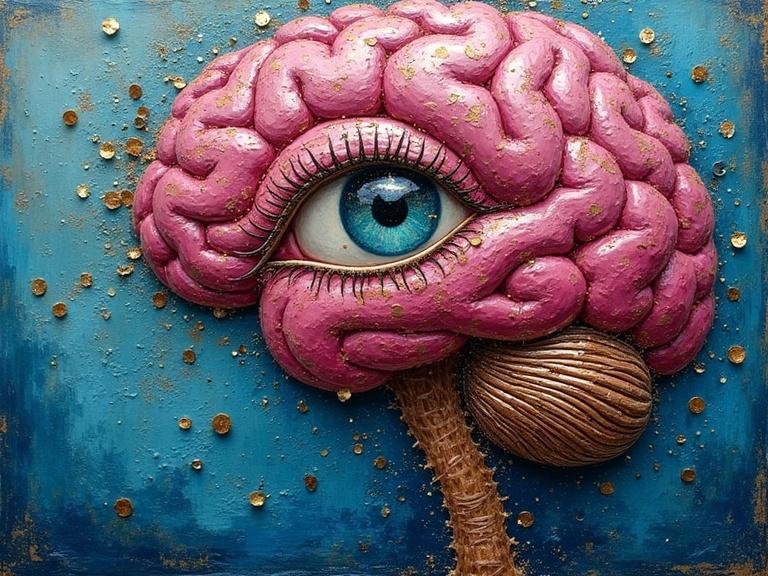 3D mixed media artwork featuring a pink brain with an eye. Elements include newspaper, jute fibers, wood, sand, and glitter. Layered textures with scratches and tears. Luminous colors create depth and intrigue.