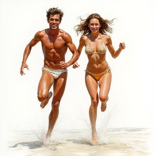 Full body view of two people running on a beach. A man and a woman in swimwear. They are playful and energetic. Good lighting creates a realistic atmosphere. High contrast and detailed drawing. Captivating colors and expressive composition.