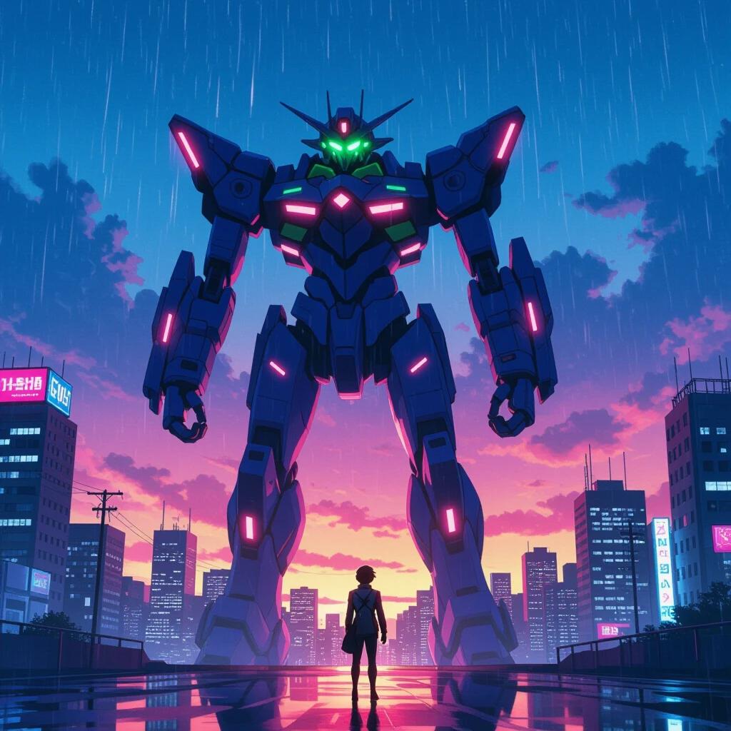 Colossal glowing mecha rises from a city at dusk. Neon lights reflect off its armor. Rain falls as a determined pilot stands below. Sky shows a cyberpunk style with vibrant hues and detail. Influences of Evangelion and Promare are evident. Niji-style illustration enhances the scene.