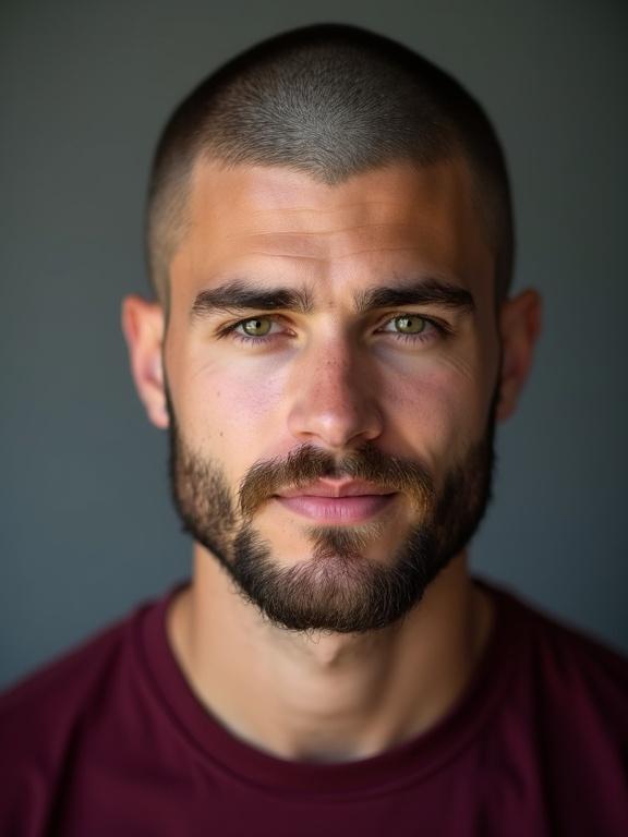Studio portrait photograph of Canadian young man with bright green eyes. He has a shaved beard and closely shaved head. Wears deep burgundy colored t-shirt complementing good complexion.