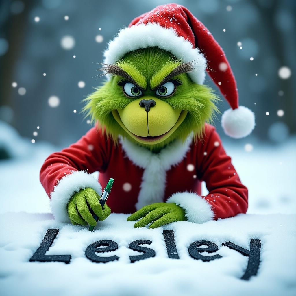 Grinch wears Santa suit writing name Lesley in fresh snow.