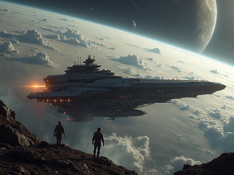 A stunning sci-fi scene featuring a massive spaceship exploring diverse alien worlds. Two characters stand on a rocky surface observing the spaceship against a backdrop of clouds and stars. The artwork captures the essence of exploration and the grandeur of space. 