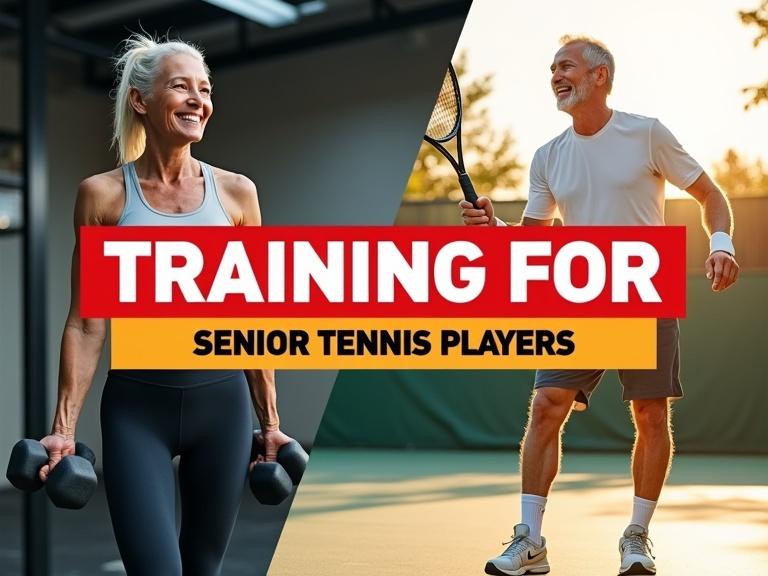 YouTube thumbnail designed with a split composition. The left side features a senior woman lifting dumbbells, smiling in a gym. The right side shows a senior man with a tennis racket on the tennis court, also smiling. Bold text overlays the image: 'TRAINING FOR' in white on red and 'SENIOR TENNIS PLAYERS' in black on yellow-orange.