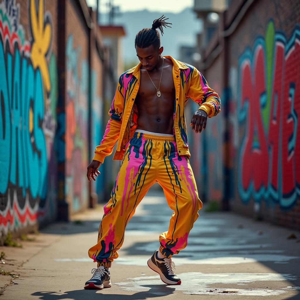 Male dancer captured mid-move with impressive anatomy. Surrounded by vibrant street art. Dressed in oversized colorful drip streetwear. Scene bursts with electric colors. Soft streetlights set the atmosphere. Movements blend contemporary dance with urban culture. Graffiti tells stories of resilience and passion.