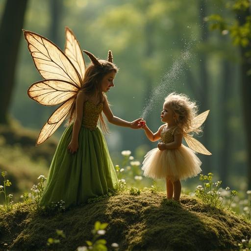 Old fairy shares pixie dust with young fairy on a hill in a magical forest.