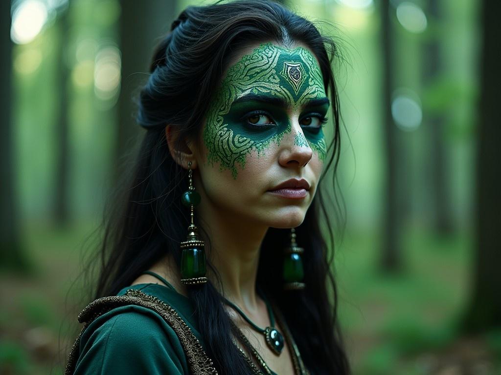 This image features a shaman woman depicted in a mystical forest. Her face is intricately painted with Norse and witch symbols in shades of green and black. She wears distinctive accessories that enhance her ethereal appearance. The soft lighting creates a serene yet enchanting atmosphere. The backdrop of the forest adds to the fantasy element of the portrait. The woman's gaze is captivating, inviting viewers to explore her story and origin.