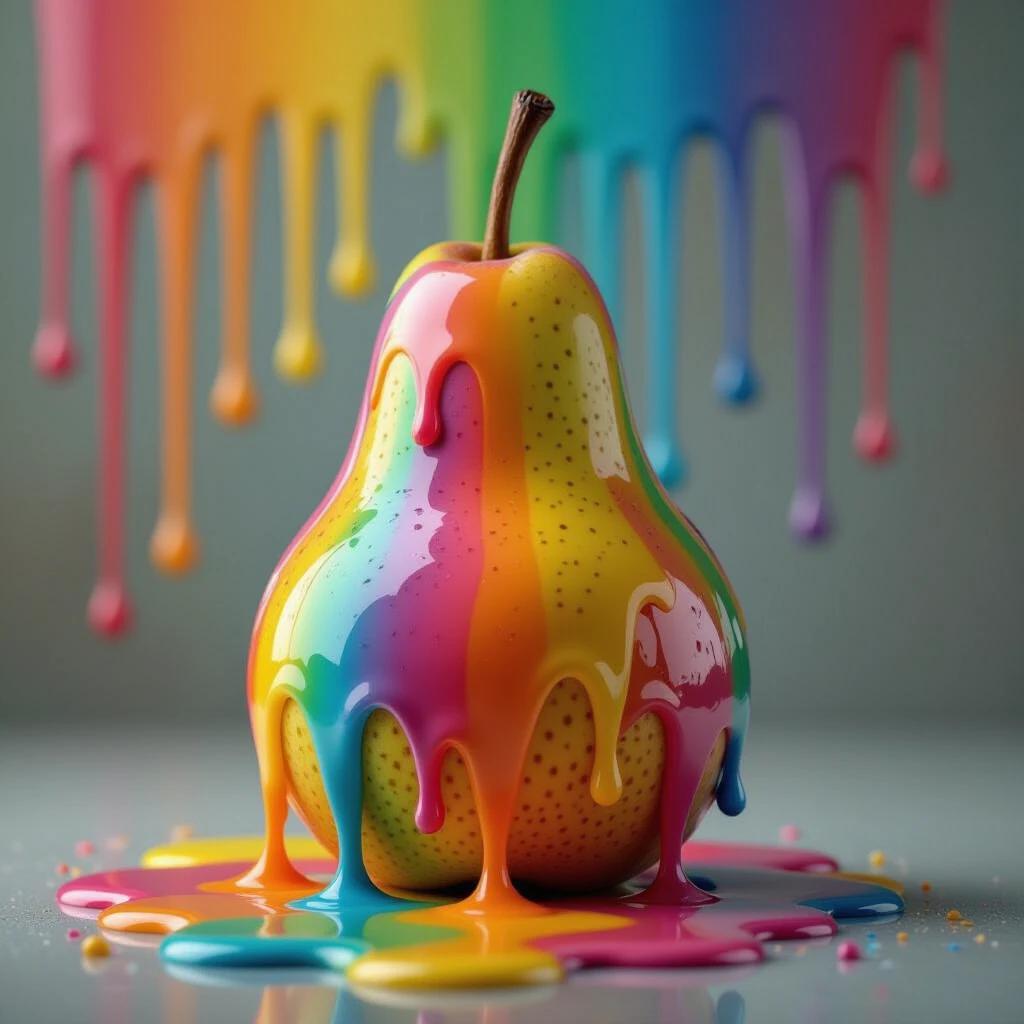 Visually expressive pear covered in vibrant melted crayons. Dripping rainbow wax creates chaotic yet beautiful appearance. Striking contrast between colorful melt and smooth fruit skin. Expressive and lively mood.