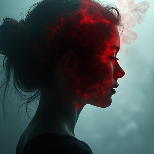 Silhouette close-up of a rose petal with a double exposure effect. Somber girl evokes tenderness and mystery. Image features haunting elements and vibrant dark colors.
