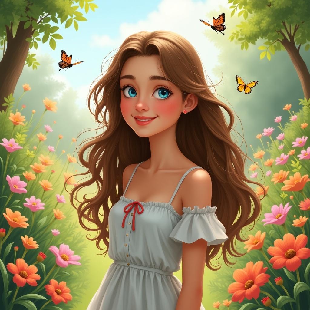 A figure in a dress stands in a vibrant flower garden. Butterflies flutter around in a sunny atmosphere. Trees frame the scene with lush greenery.